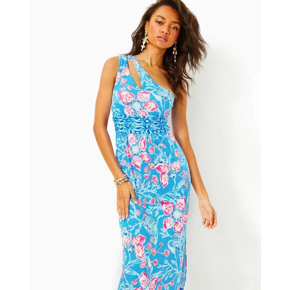 Lilly Pulitzer Helina Midi One Shoulder Dress New Sz S Bahamian Rhapsody Cutout - Picture 1 of 10